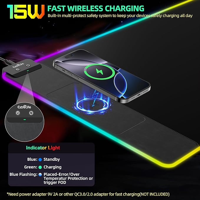 Mouse Pad with Wireless Charging RGB Gaming Mousepad Large Desk Mat with Ultra-Smooth Surface Non-Slip Mouse Mat Waterproof Computer Keyboard Pad with 18W QC Power Adapter 800x400x4MM Black