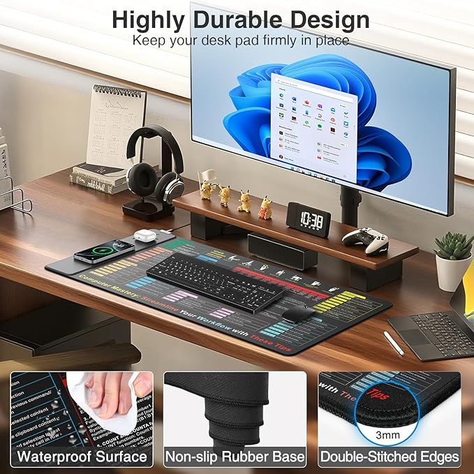 Excel Cheat Sheet Mouse Pad with Wireless Charging 31.5x15.8 Extended Excel Shortcuts Desk Pad Waterproof Ultra-Smooth Keyboard Mat Non-Slip Base with 20W PD Adapter
