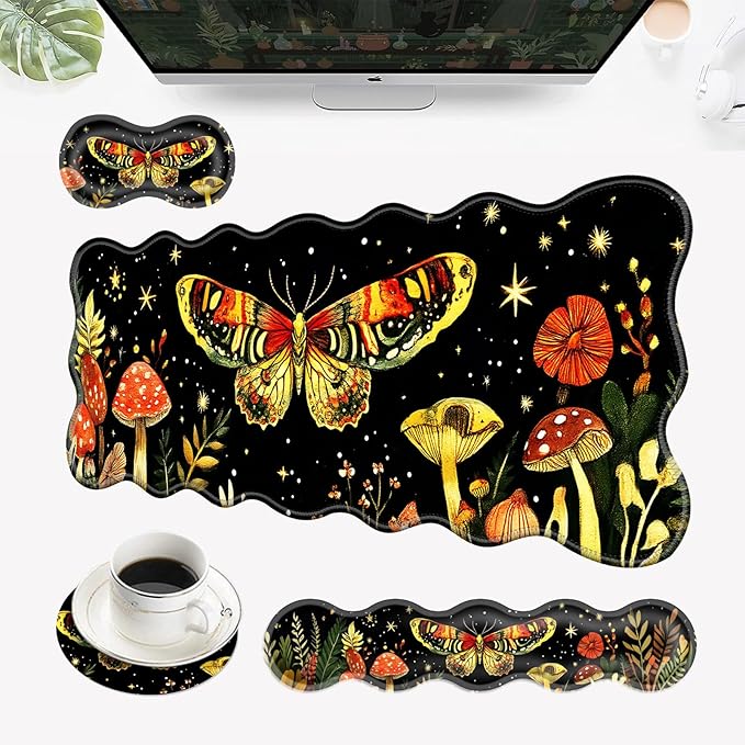 Desk Mat Mouse Pad with Wrist Rest 4-in-1 Large Mouse Pads for Desk Ergonomic Mouse Pad and Keyboard Wrist Rest Gaming Keyboard Mat for OfficeMushrooms and Butterflies