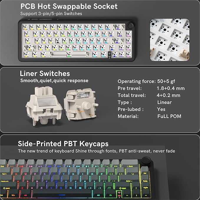 womier L65 60% Mechanical Keyboard with Knob4000mAhTri Mode USB-C/BT5.0/2.4GRGB BacklitHot SwapShine Through keycapsLinear SwitchGasket Mounted Wireless Gaming Keyboard for PC/Mac(Black)