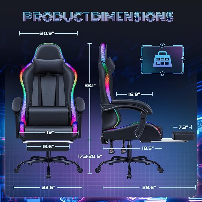 Furmax Gaming Chair with RGB LED Lights Video Game Chair with Footrest and Massage Lumbar Support High Back Reclining Computer Chair with Headrest Swivel Seat Gamer Chair (LED Black)