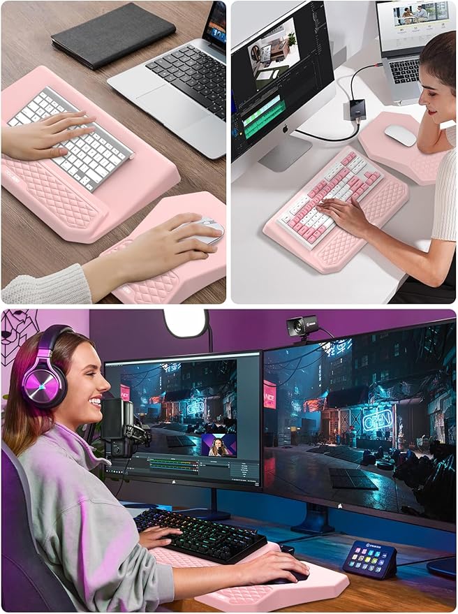 3-in-1 Ergonomic Keyboard Stand with Wrist Rest &amp Mouse Pad Set Comfy Keyboard Riser Holder Soft Mousepad with Massage Design Memory Foam and Non-Slip PU Base for Pain Relief Pink