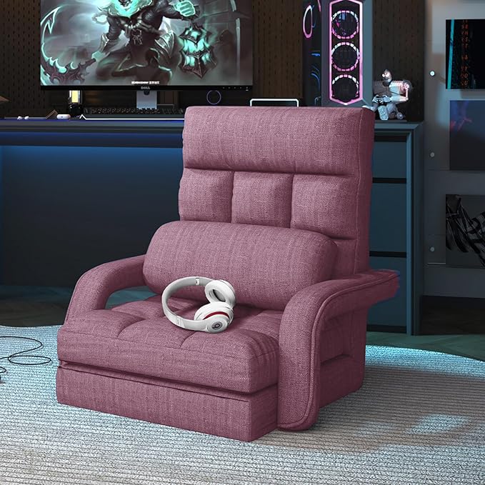 Adjustable Floor Gaming Chair for Adults 6-Position Chaise Lounge Chair with Meditation Arm Foldable Lazy Sofa with Pillow Comfy Chair Indoor for Bedroom Dorm Living Room Purple