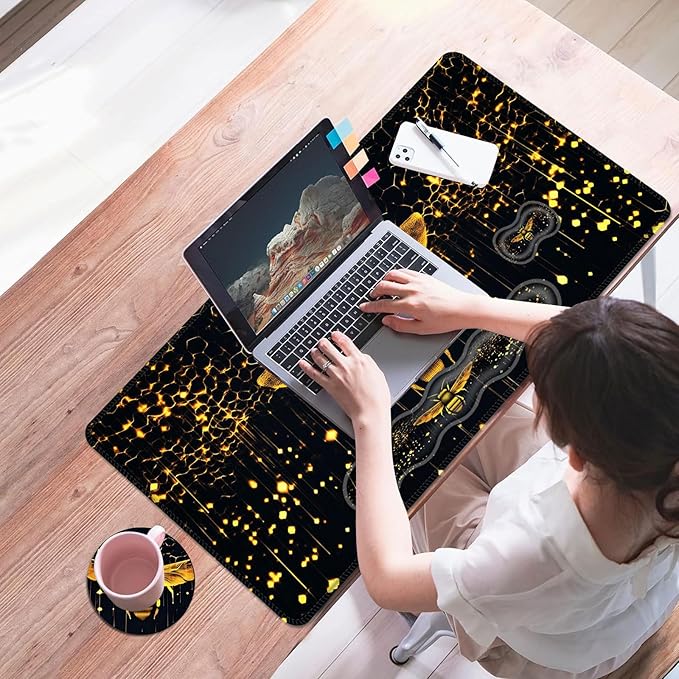 Mouse PadLarge Desk Mat Set 4in1 XL Mousepad + Keyboard Wrist Rest+Mouse Wrist Rest+Coaster with Ergonomic Desk Pad for Home Office Table Computer Cover -Glowing Bee and Honeycomb