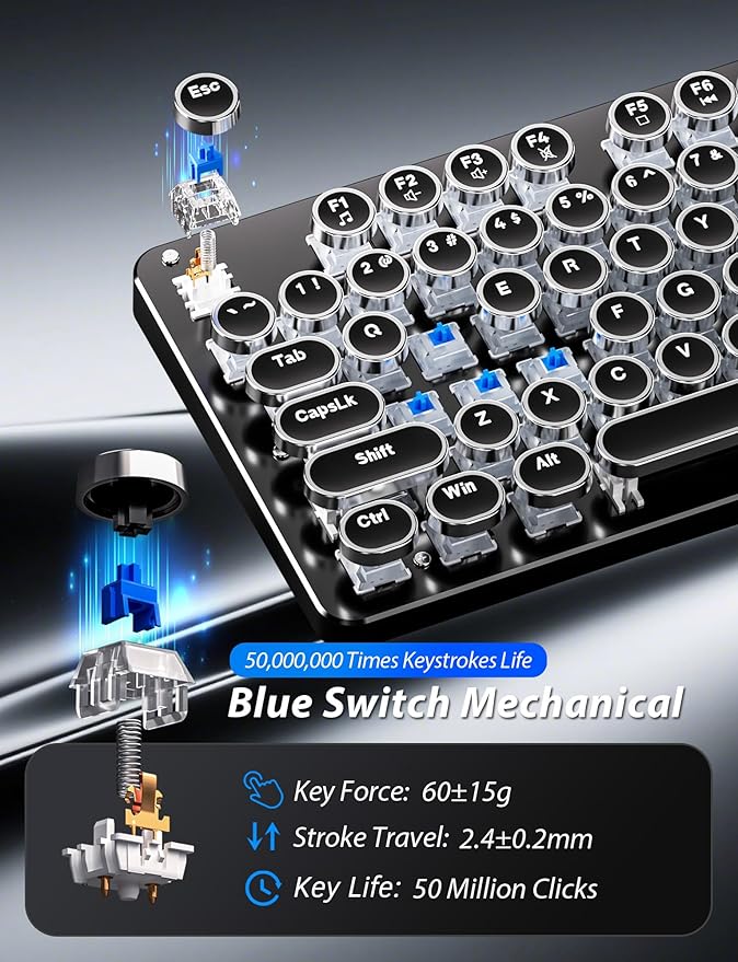 Typewriter Mechanical Gaming Keyboard and Mouse 104-Key Full Size Retro Keyboards Metal Panel Punk Round Keycap Clicky Blue Switch with RGB Backlit Mouse and Pad Combo for PC Laptop Mac Gamer Black