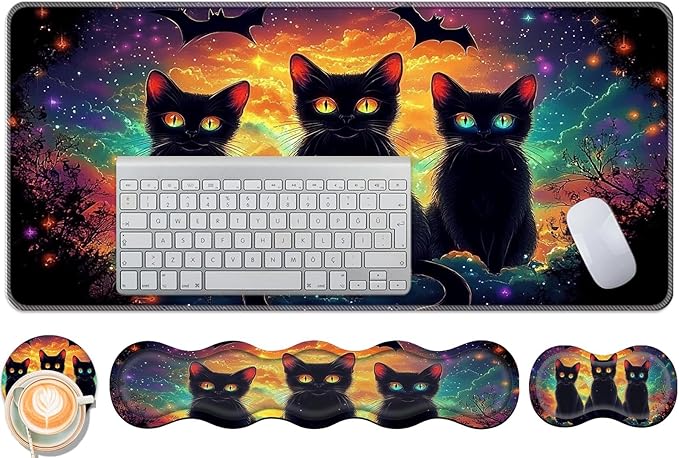 Keyboard Wrist Rest and Mouse Pad Set31.5x11.8 Inches Desk MatWaterproof Non-Slip Ergonomic Wrist Support for Pain ReliefExtended Desk Protector for Office Home GamingCute Black Cats