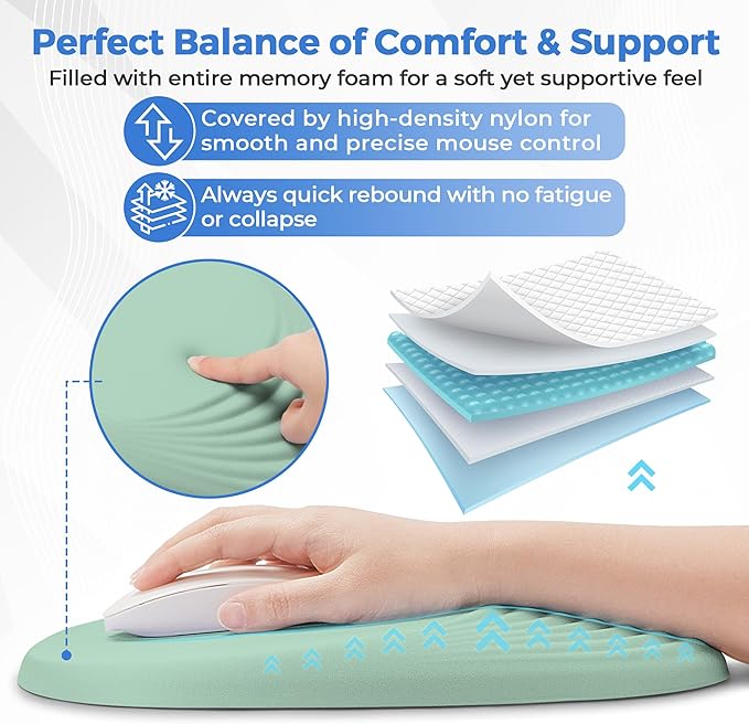 Ergonomic Mouse Pad with Wrist Support Memory Foam Wrist Rest for Pain Relief &amp Carpal Tunnel Non-Slip Base for Office Computer PC Laptop (12x8x1.2inch Light Green)