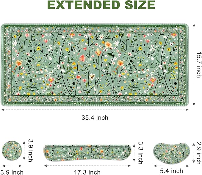 Floral Desk Mat 4in1 Large Mouse Pad with Wrist Rest Anti-Slip Desk Pad for Desktop XXL Ergonomic Mousepad with Wrist Support for Keyboard and Mouse Green Art Flowers