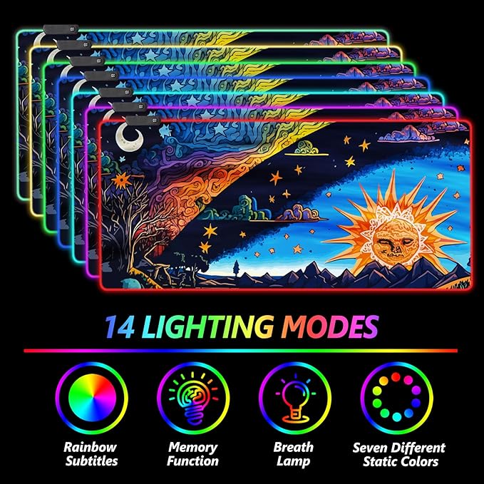 AIMSA Large Gaming Mouse Pad RGB Keyboard Led Mousepad Extended 35.4 x 15.8 inch Non-Slip Rubber Base with 14 Lighting Modes Desk Mat Abstract Sun