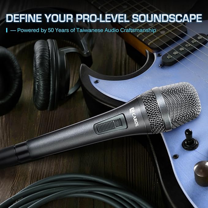 CAROL AC-910S XLR Wired Vocal Microphone – Dynamic Cardioid Mic with AHNC Dual-Engine Noise Cancelling Tech for Singing Karaoke Stage &amp Studio Includes Mic Clip 14.8ft XLR Cable &amp On/Off S