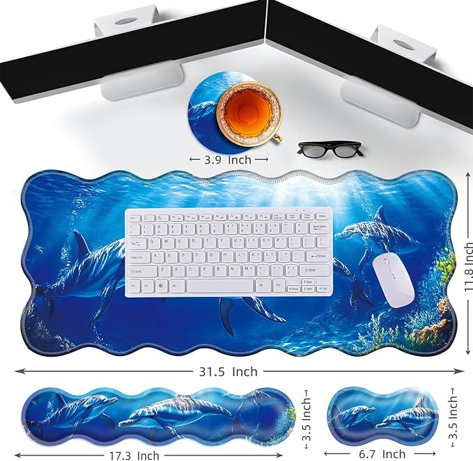Large Gaming Mouse Pad Keyboard Wrist Rest Pad &amp Wrist Support Mousepad Set Stitched Edge Extended Non-Slip Base Memory Foam Desk Mat for Office HomeDolphins Swimming in The Ocean
