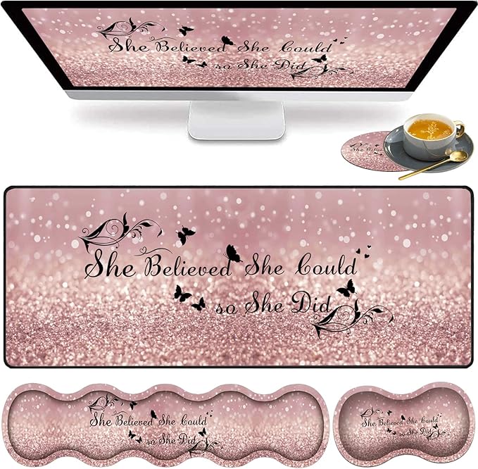 Large Gaming Mouse Pad Keyboard Wrist Rest pad + Mouse Wrist pad + Coaster Set Extended Waterproof Non-Slip Table mat Suitable for Home Office Learning Games - She Believed She Could So She Did