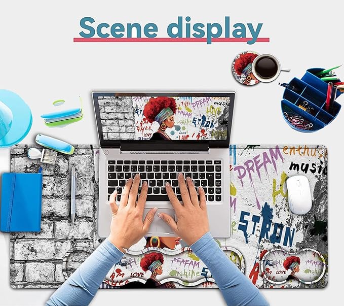 African Black Woman Graffiti Girls Desk Mat Extended White Laptop Table Protector Ergonomic Mouse Pad with Keyboard Wrist Rest Support