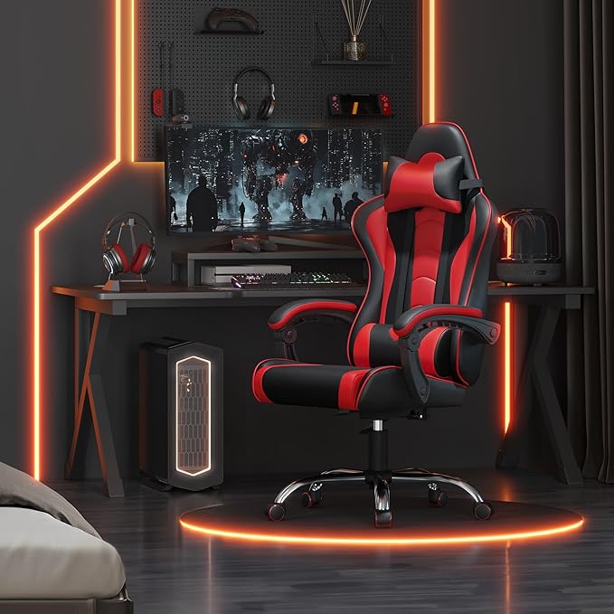 Yaheetech Gaming Chair Computer Office Chair with Headrest and Massage Lumbar Support Height Adjustable Ergonomic Chairs with Swivel Seat Black/Red