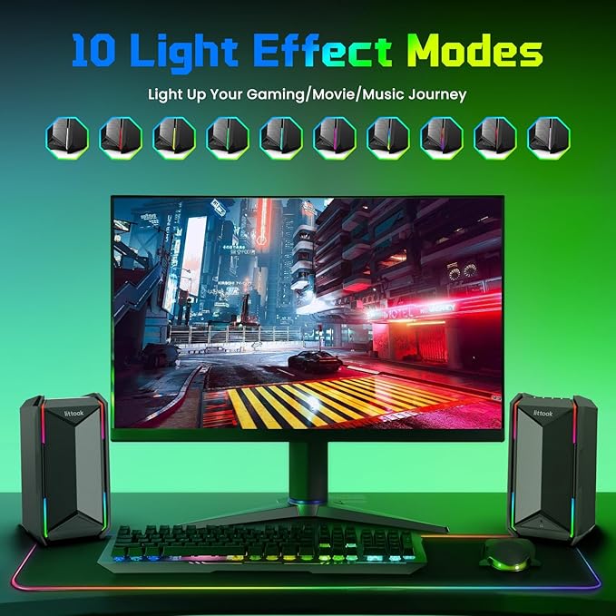 Computer Speakers for Music and Gaming DC Adapter Powered Speakers for Desktop PC or Laptop Bluetooth 5.3 Desktop Speaker 10 RGB Modes 3.5mm Aux in Headphone Port Type-c Port 30W 3 EQ