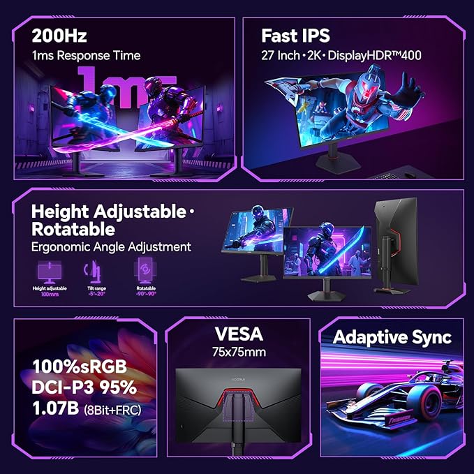 KOORUI 27 Inch 1440p Gaming Monitor 200Hz 1ms Fast IPS Screen HDR400 95% DCI-P3 Color Gamut Height/Pivot/Tilt Adjustability Adaptive Sync Technology HDMI &amp DP Ports 2K Monitor Black G272