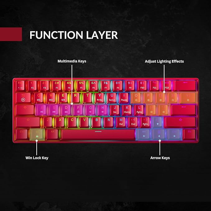 Mechanical Gaming Keyboard - 61 Keys Multi Color RGB Illuminated LED Backlit Wired Programmable for PC/Mac Gamer (Gateron Optical Yellow Red)
