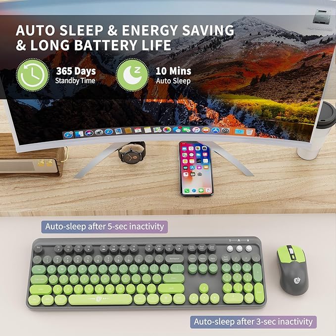 Wireless Keyboard and Mouse Combo 2.4 GHz Wireless Full-Sized Typewriter Keyboard with Round Keycaps for Windows Computer Desktop PC Laptop (GreyGreen)