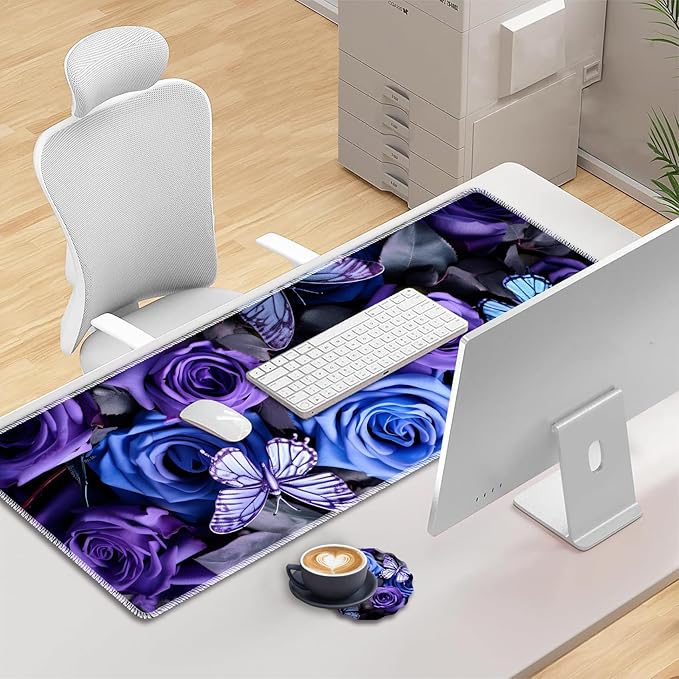 Mouse Pad Set Large Gaming Mouse Pad (31.5X 11.8 inches)+ Wrist Rest Pad + Coaster Ergonomic Wrist pad Home Office Desk Accessories Decor Supplies Purple Roses and Blue Butterflies