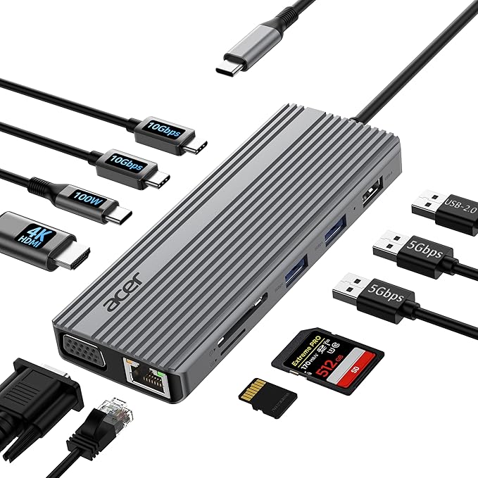 Acer 11 in 1 USB C HUB Bunlbe with acer 8K HDMI 2.1 Cable (8K@60Hz 6.6FT)