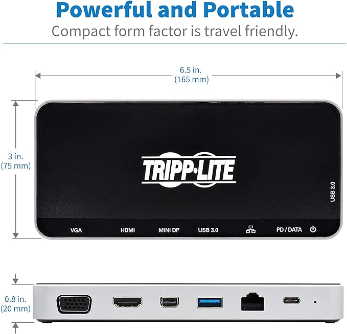 Tripp Lite USB-C Dock 3 Monitor Display USB Type C Hub Adds 4K HDMI mDP VGA USB 3.2 Gen 1 USB-A USB-C GbE 60W PD Charging Black (U442-DOCK16-B)