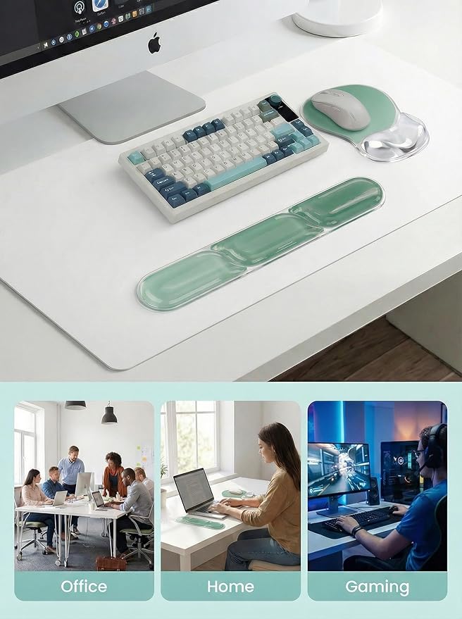 AUPET Ergonomic Gel Mouse Pad and Keyboard Wrist Rest Set Crystal Gel Cushion Support PU Base Smooth Tracking Surface Easy to Clean Desk Accessories for Office Home Laptop (Gradient Mint Green)