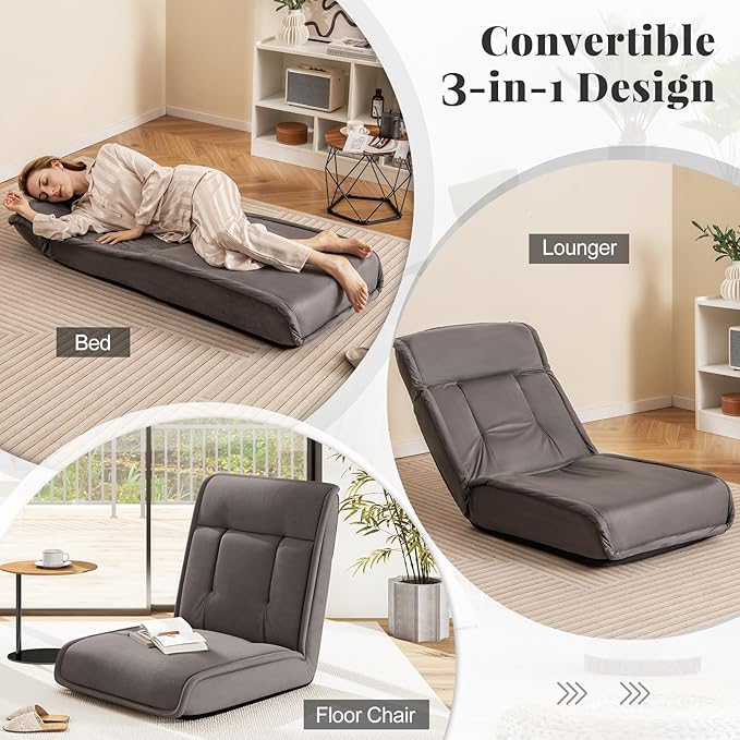 COSTWAY Folding Floor Chair Convertible Lazy Sofa Chair with 14-Poistion Adjustable Backrest 5-Position Adjustable Headrest Cushioned Floor Gaming Chair for Adults Reading Meditating (Grey)