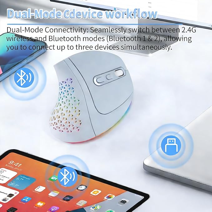 Bluetooth Wireless Dual-Mode Vertical Mouse - Silent Click Ergonomic Comfort for Office &amp Home Use Rechargeable with LED Breathing Light Compatible with Multiple Devices (Blue)