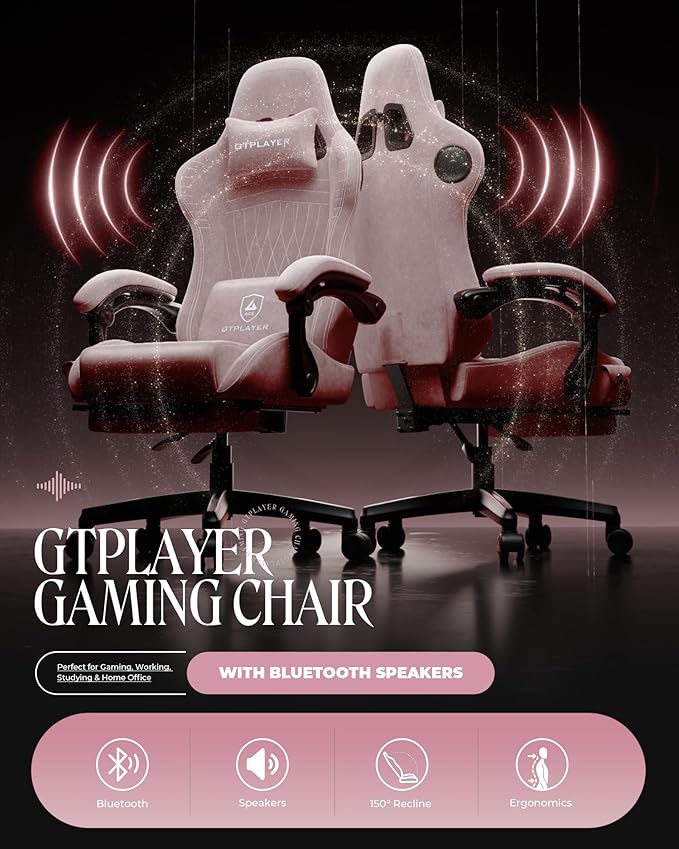 GTPLAYER Gaming Chair with Speakers Video Game Chairs with Footrest PC Gamer Chairs for Adults - Padded High Back Ergonomic Reclining Silla Gamer Linkage Armrest ACE Pro Pink (Velvet)