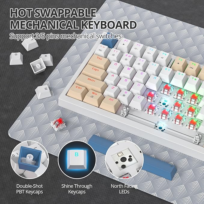 75% Mechanical Creamy Keyboard with Volumn Knob Gasket Hot Swappable RGB Gaming Keyboard Wired Custom Keyboard with Red Switch 82 Keys Compact Creamy White