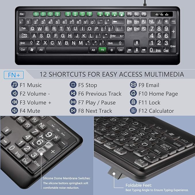 Large Print Backlit Keyboard USB Wired Computer Keyboard Full Size Keyboard with White Illuminated LED Compatible for Windows Desktop Laptop PC Gaming Black