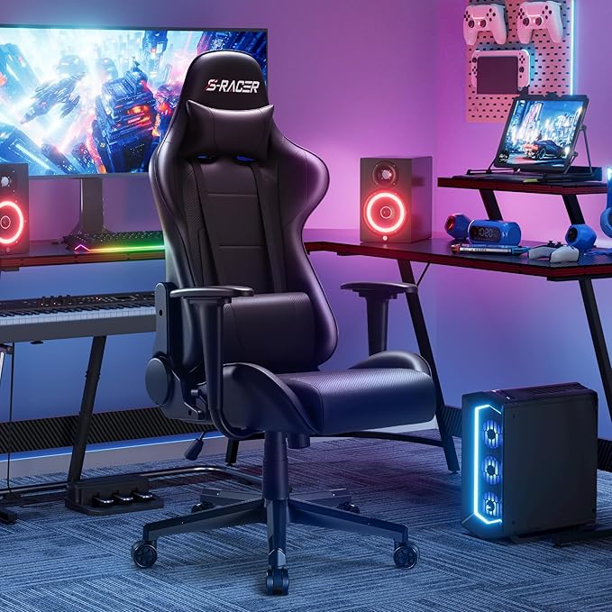 Furniwell Gaming Chair Racing Computer Chair Office Desk Chair Adjustable Swivel High Back Carbon Fiber Style Leather Executive Ergonomic Chair with Headrest and Lumbar Support (Black)