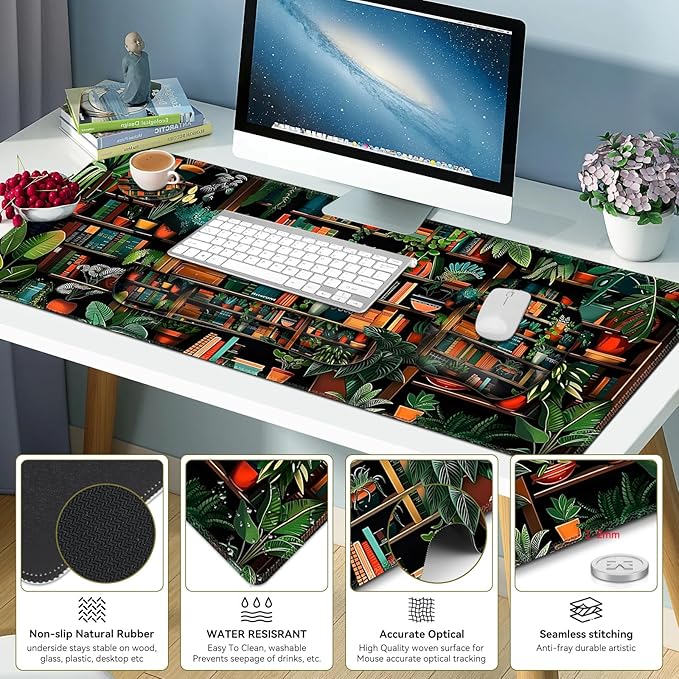 Mouse Pad with Wrist Support 4 in1 Set XXL Big Game Mousepad + Keyboard Wrist Rest + Mouse Wrist Rest Pad +Coaster Gaming Mat for Home Office Work Computer Laptop PC I Green Vine Book Forest