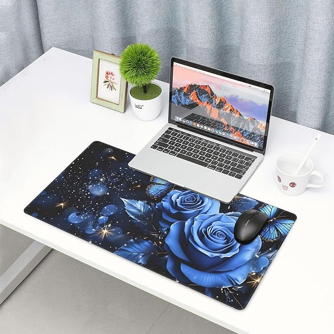 Blue Roses with Butterflies Desk Cover MatExtended Large Mouse PadComputer Laptop Mat Desk Decor for Office Game Home 30x16 Inch