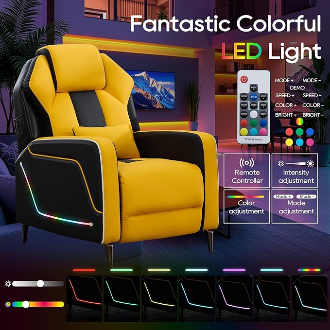 TUNYI Gaming Recliner Chair Racing Style Push-Back Reclining Sofa with Colorful LED Ergonomic Home Theater Seating Video Game Sofa for Gaming Room Living Room (Yellow)