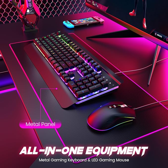 Wired Gaming Keyboard and Mouse Combo 104 Keys All-Metal Panel Rainbow Computer Keyboard with Multimedia Keys Wrist Rest and LED Backlit Gaming Mouse 4200 DPI for Windows PC Gamers (Black)
