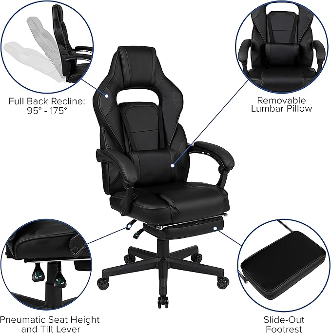 EMMA + OLIVER Black Ergonomic Gaming Chair -Recline Back/Arms Footrest Massaging Lumbar