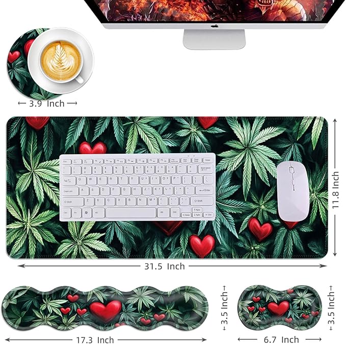 Mouse PadLarge Desk Mat Set 4in1 XL Mousepad + Keyboard Wrist Rest+Mouse Wrist Rest+Coaster with Ergonomic Desk Pad for Home Office Table Computer Cover -Leaves and Red Hearts
