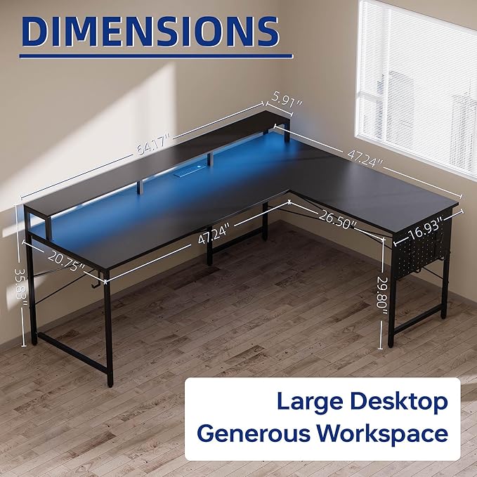 Pamray 64 Inch L Shaped Gaming Desk with Power Outlets and Led Lights Large Corner Computer Desk with Monitor Stand and Pegboard PC Table for Home Office and Bedroom Black