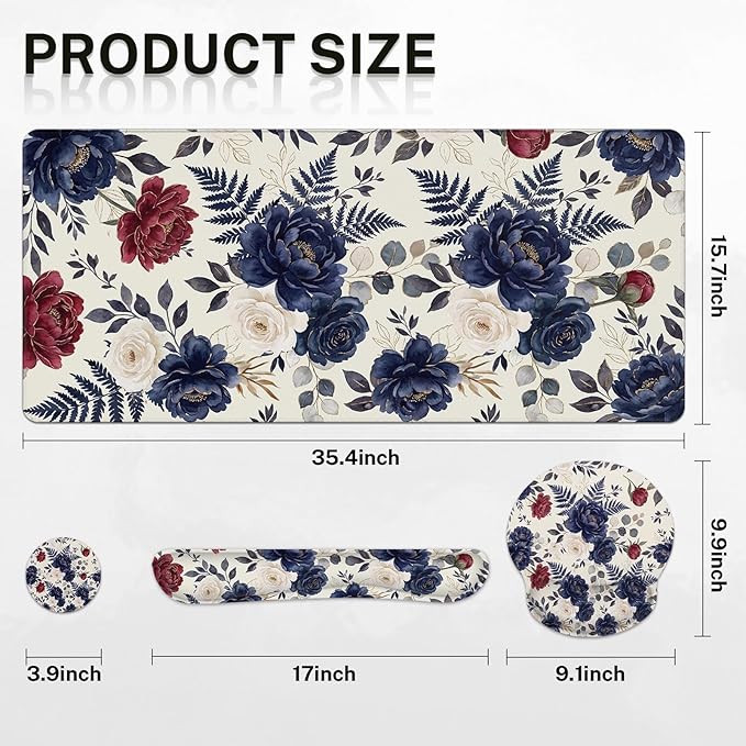 Britimes Navy Blue Florals Keyboard Mouse Pad Set Red Peony Florals Boho 4in1 Large Mousepad+Keyboard Wrist Rest+Mouse Wrist Rest+Coaster Ergonomic Design for Home Office Computer 35.4x15.7 inches