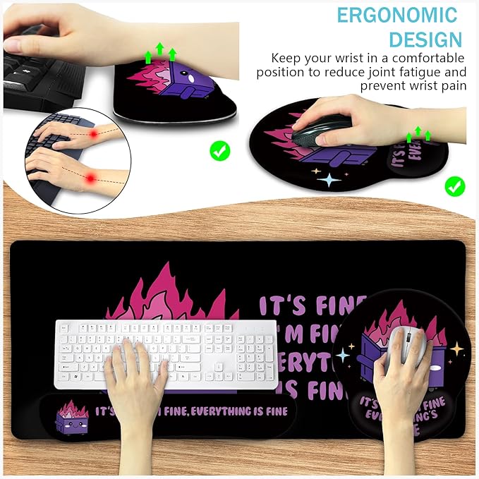 Blusabaca Dumpster on Fire Mouse Pad Desk Pad Funny Cute Desk Mat Large Gaming Mouse Pad with Wrist Rest Keyboard Pad Wrist Rest Ergonomic Cup Coaster Work Home Desk Accessories Office Supplies
