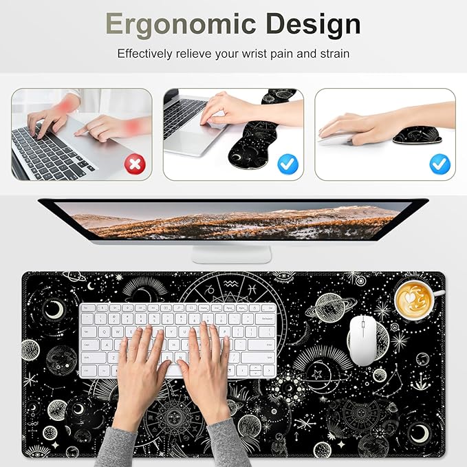 Gaming Mouse Pad Keyboard Wrist Support 4 in1 Mousepad Set with Wrist Keyboard Rest Computer Desk Mat Non-Slip Desk Pad Protector with Memory Foam Easy Typing Pain Relief I Moon Sun Cosmic