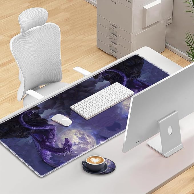 3-in-1 Large Mouse Pad Gaming Set (31.5 x 11.8 inch)+ Wrist Rest Pad + Coaster Memory Foam Gel Wrist Rest Pad for Pain Relief Stitched Edges Non-Slip Table Mat Starry Purple Dragon