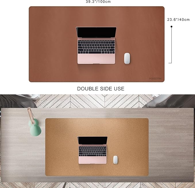 MAIDERN 40” x 24” Leather Desk Pad Reversible Large Desk Mat Cork &amp Leather Large Mouse pad for Desk Waterproof Computer Desk Pad for Gaming Home Office (Brown)