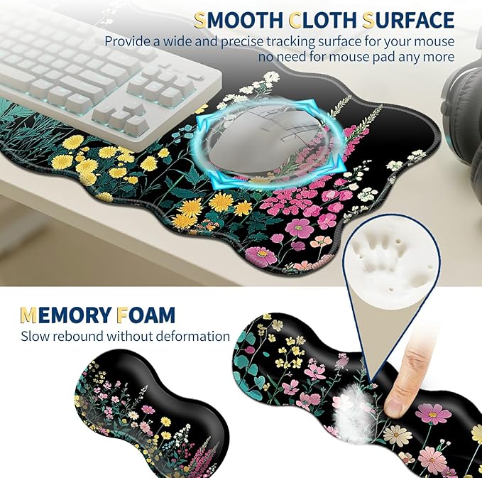 4-in-1 XXL Gaming Mouse Pad Set (31.5x11.8) with Keyboard Wrist RestMouse Wrist Support &amp CoasterNon-Slip Desk Mat for Office、Home、GamingGarden Flowers