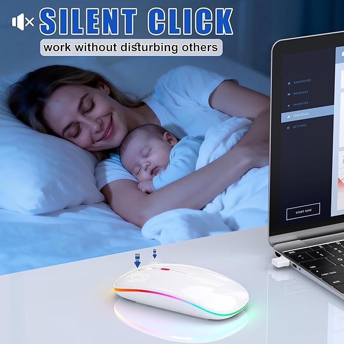 LED Wireless Mouse for Macbook Air/Laptop/iPad - Built-in Mouse Jiggler &amp 4-Mode (Bluetooth 5.2/3.0 &amp 2.4GHz USB-A/C) Rechargeable Silent Mouse Multi-Device Compatible with macOS/iOS/Windows/A