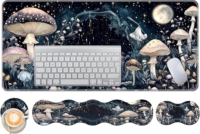 Keyboard Wrist Rest and Mouse Pad Set31.5x11.8 Inches Desk MatWaterproof Non-Slip Ergonomic Wrist Support for Pain ReliefExtended Desk Protector for Office Home GamingMushroom Galaxy
