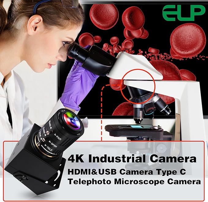 ELP 4K USB HDMI Camera Manual Zoom Webcam Variable Focus PC Camera Mini Close-up Camera for Computer H.264 Telescope USB Security Camera 8mp IMX415 Industrial CCTV Camera (3.6-10mm 3X Zoom Lens)