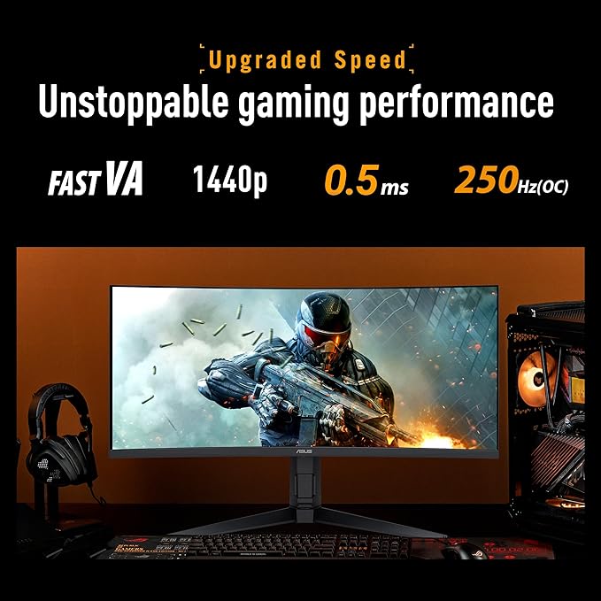 ASUS TUF Gaming 34” 1440P Ultrawide Curved Monitor (VG34WQML5A) - 250Hz 0.5ms FastIPS FreeSync Premium Extreme Low Motion Blur DisplayHDR400 95% DCI-P3 DisplayWidget Gaming AI 3 yr Warranty