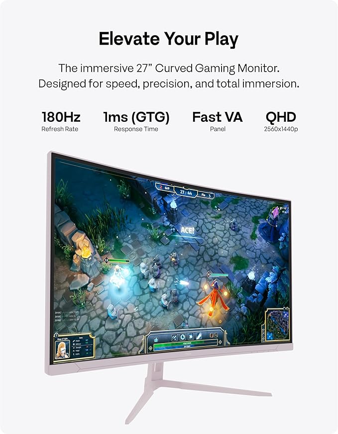 Pixio Two PXC278WAVE Pink 27 inch 180Hz Refresh Rate QHD 1440p Resolution 1650R Curve Fast VA Panel 1ms GTG Response Time HDR Curved Gaming Monitor and PS1D Wave Pink Dual Monitor Arm
